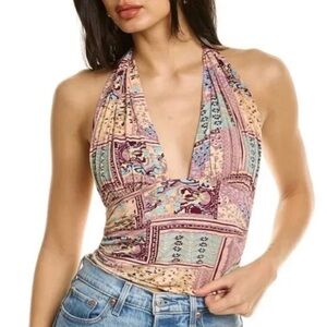 NEW Free People Intimately Heather Printed Halter Top Lilac Combo XL